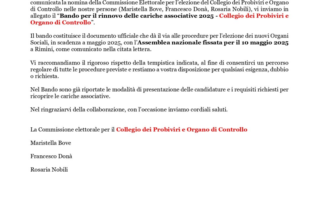 Bando cariche Federavo – Collegio Probiviri e Organo di Controllo